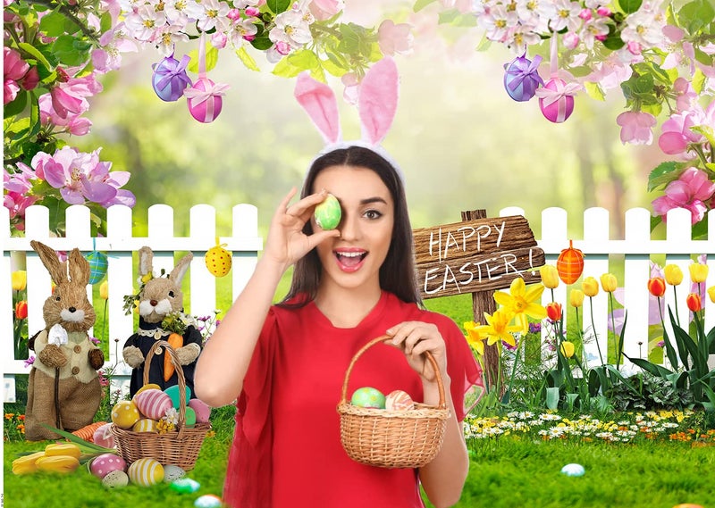 CYLYH 7x5ft Spring Easter Garden Photography Backdrop Easter Backdrop Green Grass Lawn Pink Floral Fence Background Baby Children Birthday Party Decorations Banner - Image 3
