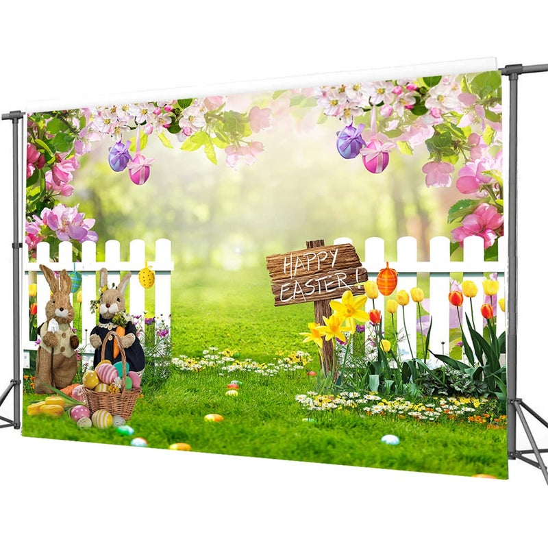 CYLYH 7x5ft Spring Easter Garden Photography Backdrop Easter Backdrop Green Grass Lawn Pink Floral Fence Background Baby Children Birthday Party Decorations Banner - Image 4