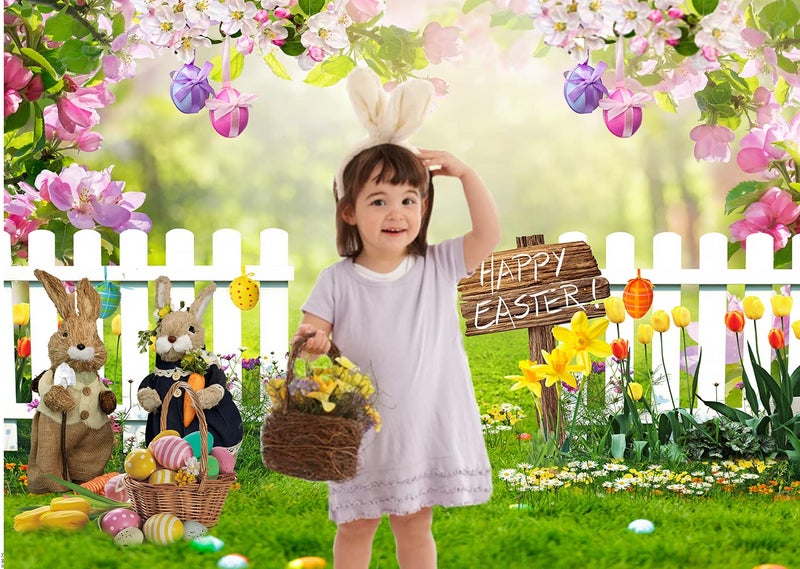 CYLYH 7x5ft Spring Easter Garden Photography Backdrop Easter Backdrop Green Grass Lawn Pink Floral Fence Background Baby Children Birthday Party Decorations Banner - Image 2