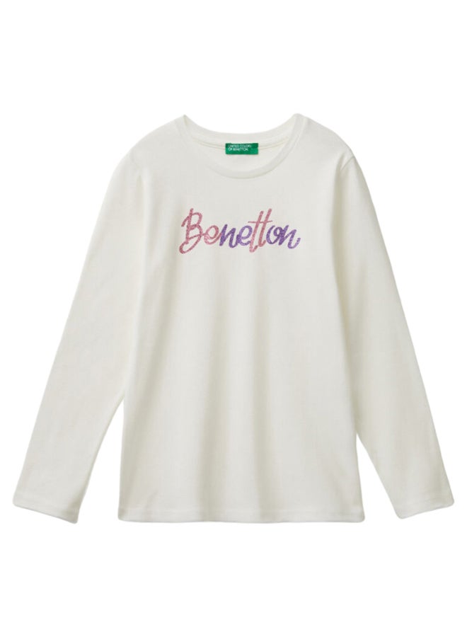 Benetton Girls Glitter Printed Long Sleeve T-shirt - Image 1