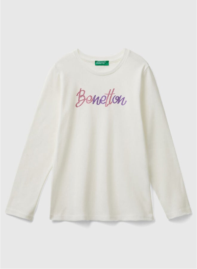 Benetton Girls Glitter Printed Long Sleeve T-shirt - Image 4
