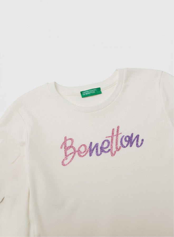 Benetton Girls Glitter Printed Long Sleeve T-shirt - Image 3