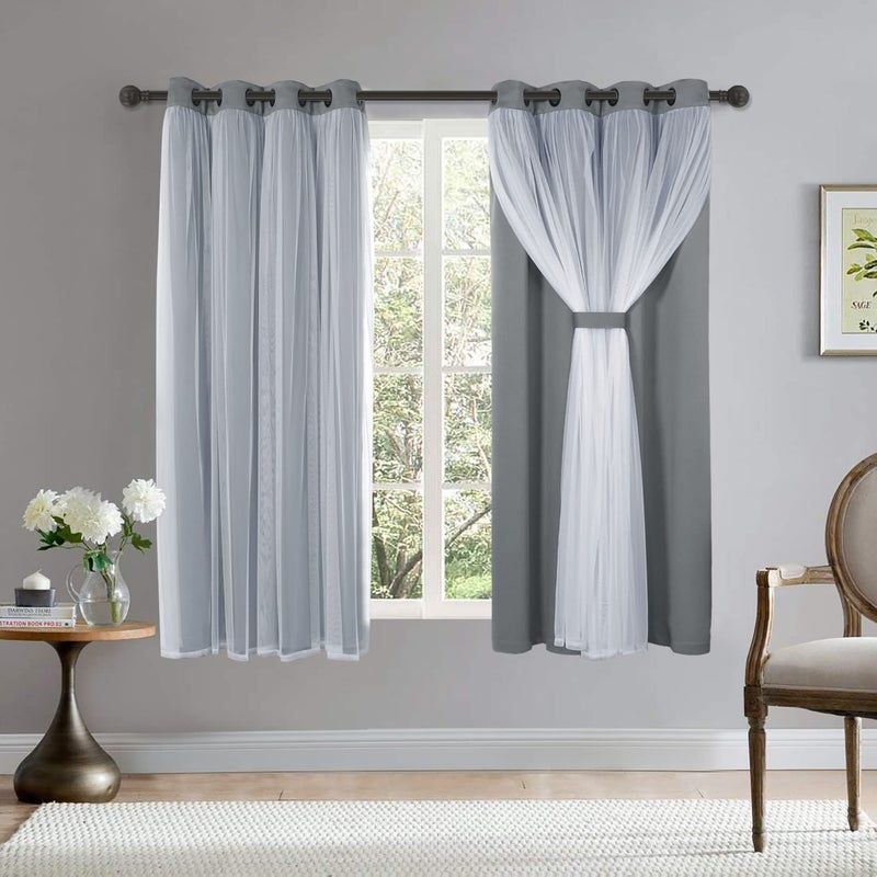 BONZER White Sheer Tulle Overlay Blackout Curtains Grommet Top Mix and Match Curtains for Bedroom Cloud Grey 52x63 Inch Set of 2 Panels