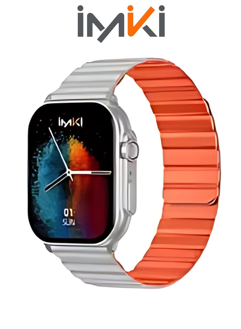 Imiki SF1 Smartwatch – 2.01" AMOLED Screen with 1000 Nits Brightness, Bluetooth Calling, 100+ Sports Modes, IP68 Waterproof Fitness Tracker with Metal Case – Silver + Gray Orange Strap  - Image 1
