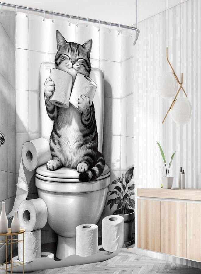 AMBZEK Funny Cat Shower Curtain 60Wx72L Inch Cute Humorous Cat Sitting On Toilet Pet Hilarious Kids Fun Animal Modern Artwork Cloth Fabric Waterproof Polyester Bathroom Decor Set with 12 Pack Hook - Image 3