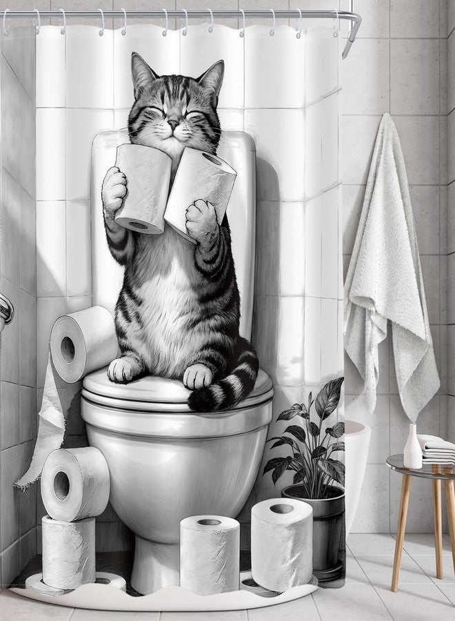 AMBZEK Funny Cat Shower Curtain 60Wx72L Inch Cute Humorous Cat Sitting On Toilet Pet Hilarious Kids Fun Animal Modern Artwork Cloth Fabric Waterproof Polyester Bathroom Decor Set with 12 Pack Hook - Image 2