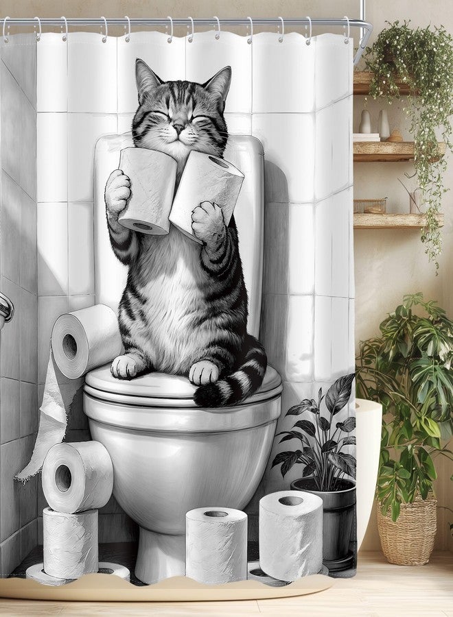 AMBZEK Funny Cat Shower Curtain 60Wx72L Inch Cute Humorous Cat Sitting On Toilet Pet Hilarious Kids Fun Animal Modern Artwork Cloth Fabric Waterproof Polyester Bathroom Decor Set with 12 Pack Hook - Image 1