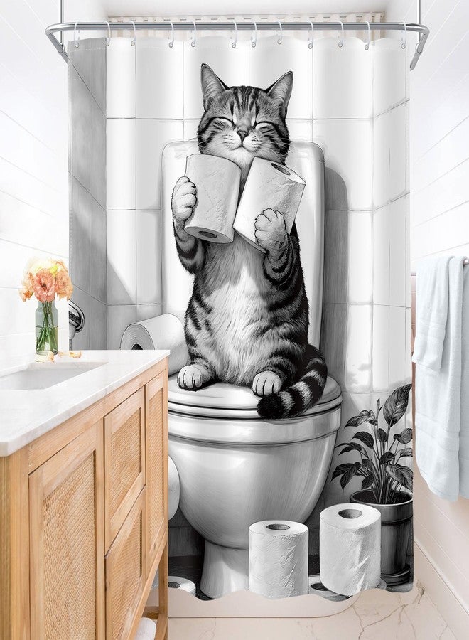 AMBZEK Funny Cat Shower Curtain 60Wx72L Inch Cute Humorous Cat Sitting On Toilet Pet Hilarious Kids Fun Animal Modern Artwork Cloth Fabric Waterproof Polyester Bathroom Decor Set with 12 Pack Hook - Image 4