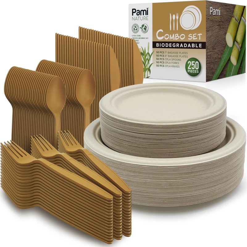 PAMI 250Piece EcoFriendly Disposable Dinnerware Set with Biodegradable Plates Cutlery Cups Degradable Tableware for Parties and Events