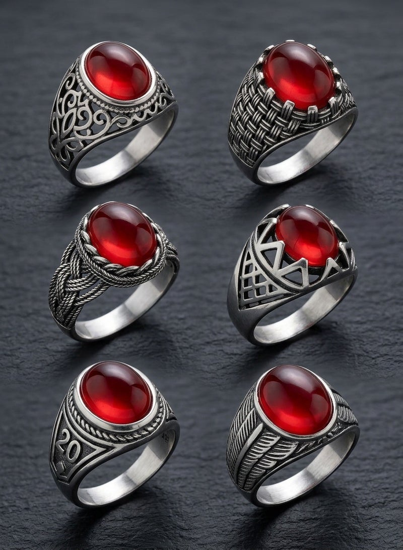 Men's Royal Ring Featuring a Striking Red Centerpiece Stone, Available in Various Intricate Vintage Engraved Patterns, Premium Quality Fashion Jewelry Accessory for Men, Durable Elegant Ring for Daily and Formal Wear