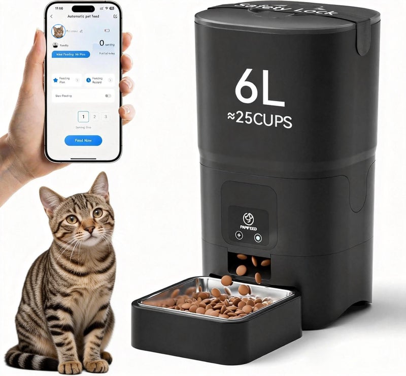 PAPIFEED Automatic Cat Feeder,Camera 1080P HD - 6L Pet Feeder, 2.4/5G WiFi Smart App Control, Bluetooth Assist Link,Wide-Angle Lens,Automatic Feeder for Small and Medium-Sized Pets (WiFi 2.4G) - Image 1