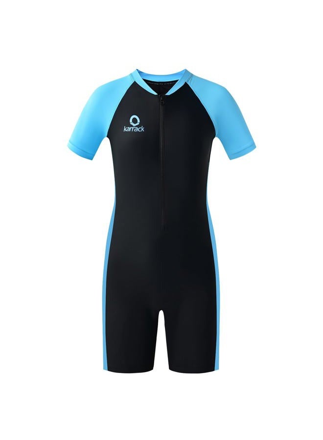 karrack Girls and Boys One Piece Rash Guard Swimsuit Kid Water Sport Short Swimsuit UPF 50+ Sun Protection Bathing Suits (Size 11-13Years) Black- Blue - Image 1