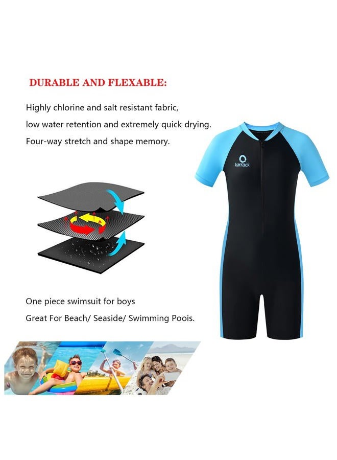 karrack Girls and Boys One Piece Rash Guard Swimsuit Kid Water Sport Short Swimsuit UPF 50+ Sun Protection Bathing Suits (Size 11-13Years) Black- Blue - Image 5