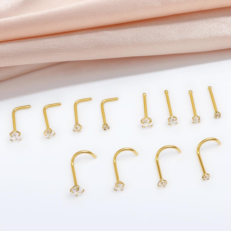 LFZFCXCYou 12 Pcs Gold Surgical Steel Nose Rings Studs Set for Women 20G Nose Piercing Stud 14K Gold Nose Studs Set Jewelry for Women Men Nose Piercings Jewelry Gift Piercing Jewelry 0.8mm - Image 2