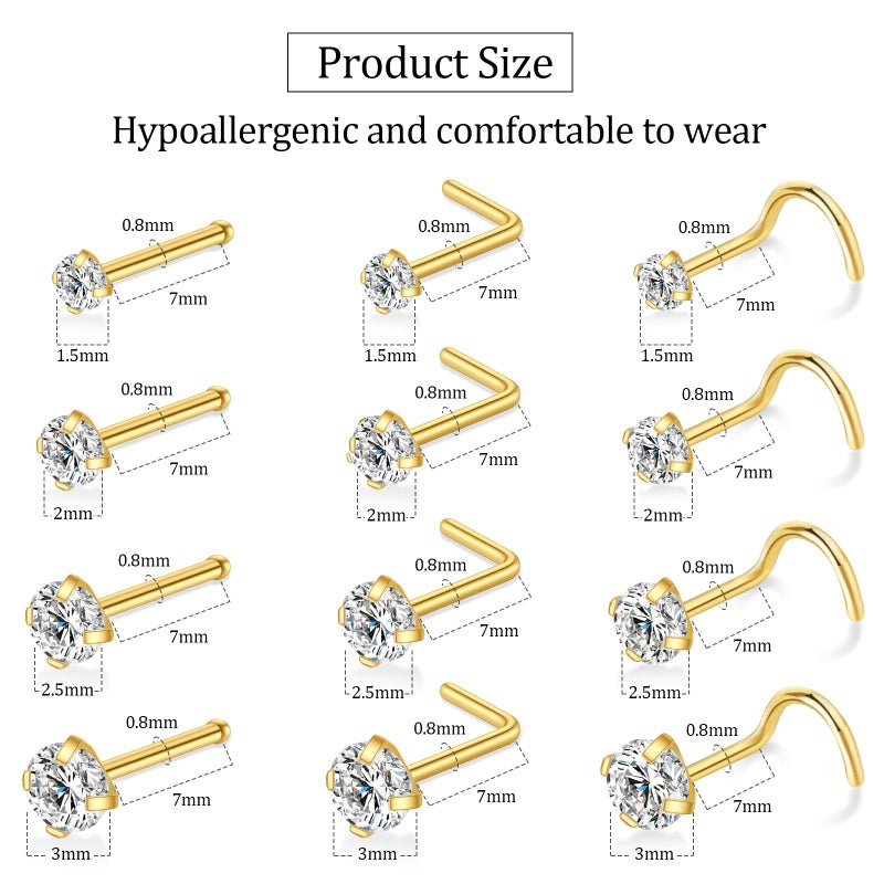 LFZFCXCYou 12 Pcs Gold Surgical Steel Nose Rings Studs Set for Women 20G Nose Piercing Stud 14K Gold Nose Studs Set Jewelry for Women Men Nose Piercings Jewelry Gift Piercing Jewelry 0.8mm - Image 3