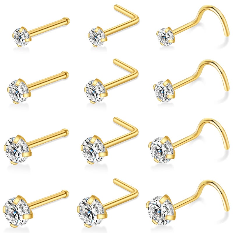 LFZFCXCYou 12 Pcs Gold Surgical Steel Nose Rings Studs Set for Women 20G Nose Piercing Stud 14K Gold Nose Studs Set Jewelry for Women Men Nose Piercings Jewelry Gift Piercing Jewelry 0.8mm - Image 1