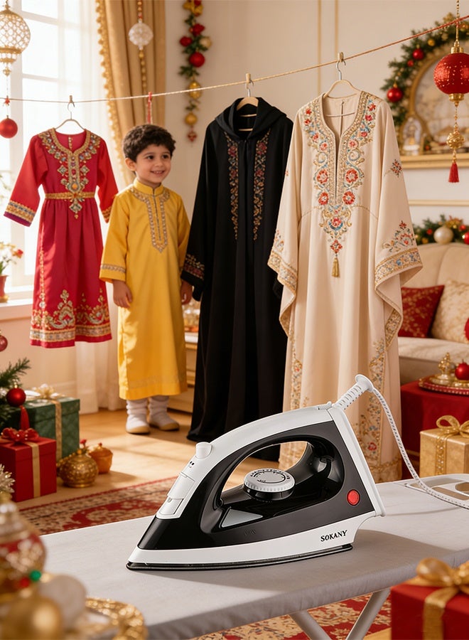 سوكاني مكواة ملابس بخارية (مكوى/كاوية) - 1400 واط، قاعدة مانعة للانزلاق، سعة ماء 100 مل، دفع بخار 60 جرام/دقيقة، درجة حرارة قابلة للتعديل، فتحة بخار لتوزيع الحرارة بشكل متساوٍ - SK-11064 أسود - Image 4