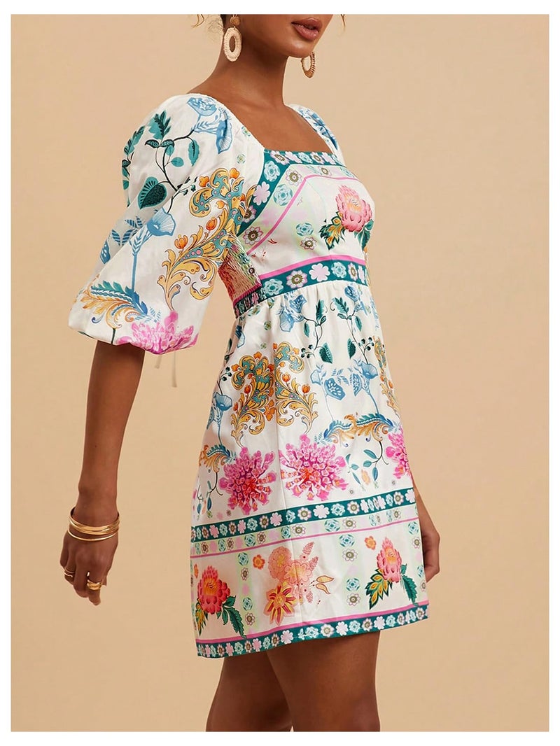 Floerns Women's Floral Tie Back Puff Sleeve A Line Dress Square Neck Boho Dresses White Multi Medium - Image 4