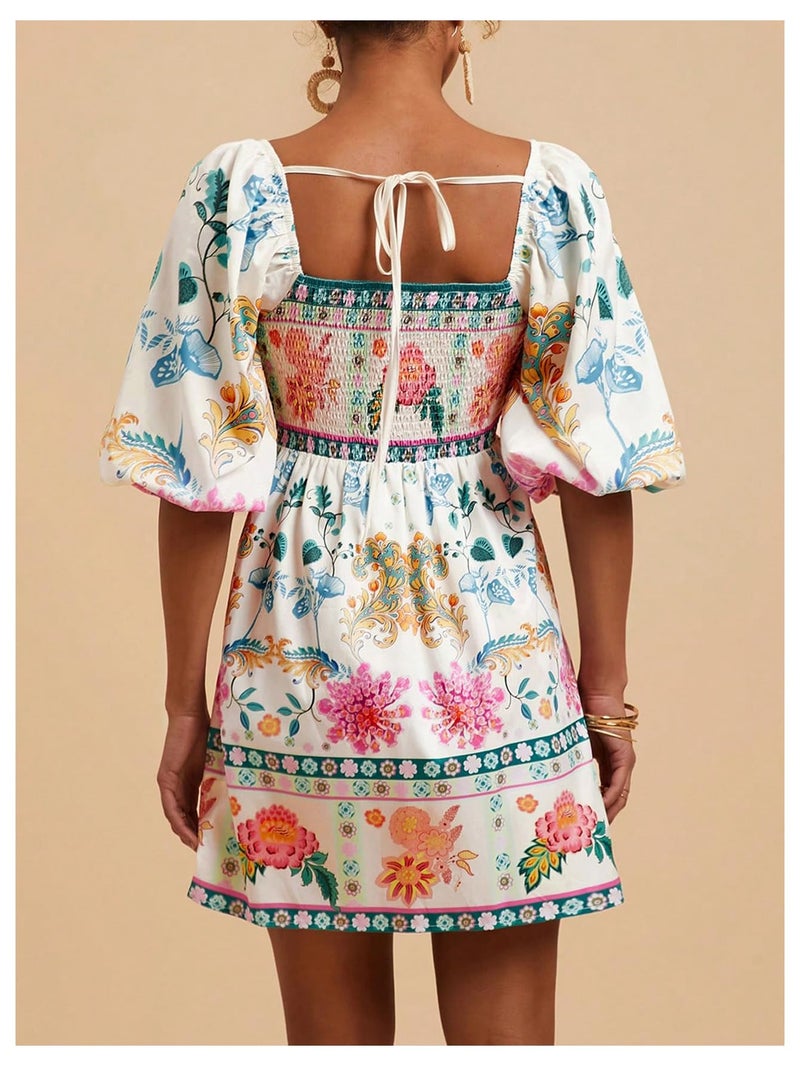 Floerns Women's Floral Tie Back Puff Sleeve A Line Dress Square Neck Boho Dresses White Multi Medium - Image 3
