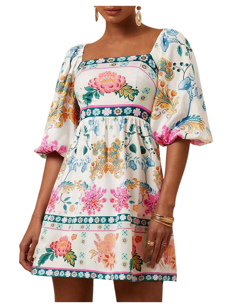 Floerns Women's Floral Tie Back Puff Sleeve A Line Dress Square Neck Boho Dresses White Multi Medium - Image 1