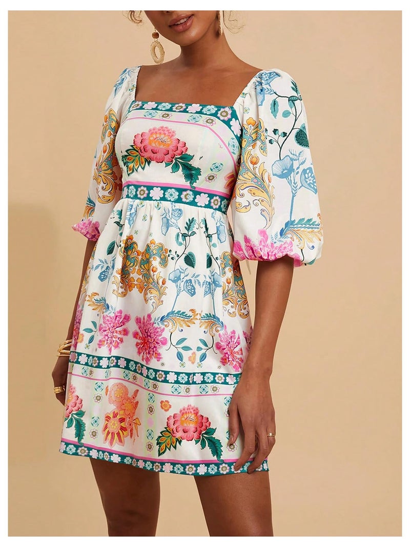 Floerns Women's Floral Tie Back Puff Sleeve A Line Dress Square Neck Boho Dresses White Multi Medium - Image 2