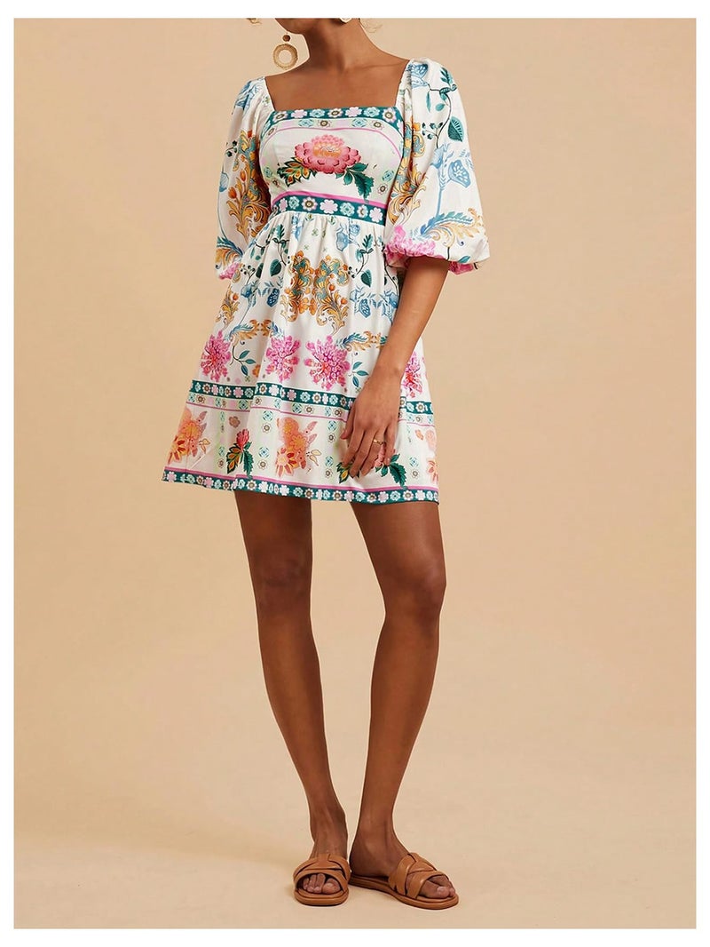 Floerns Women's Floral Tie Back Puff Sleeve A Line Dress Square Neck Boho Dresses White Multi Medium - Image 5