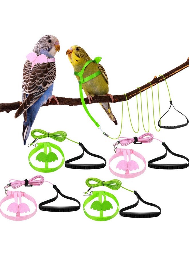 Shappy 4 Pieces Pet Parrot Bird Harness Leash Adjustable Bird Flying Harness Traction Rope with Cute for Parrots Pigeons Budgerigar Lovebird Cockatiel Mynah Outdoor Training Toy (Green, Pink,XS) - Image 1