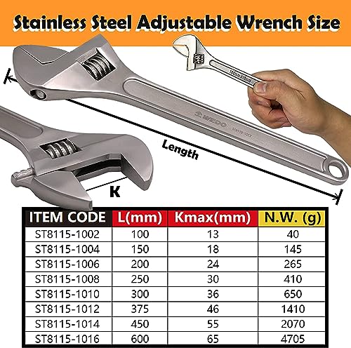 WEDO 8 inch Adjustable Wrench Stainless Steel Adjustable Spanner Professional Spanner Wrench Precision Milled Jaws for Max Gripping Power AntiCorrosionHigh Strength Length 200mm - Image 3
