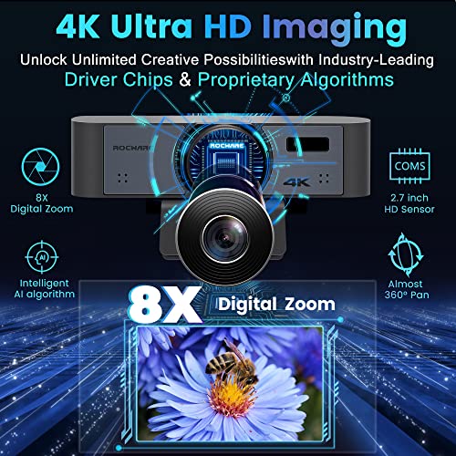 ROCWARE 4K Webcam with Remote, RC16 Computer Camera with Microphone,1080p 60fps FHD,AI Tracking,Privacy Cover, WDR,110°FOV,8X Digital Zoom,Streaming Camera for PC/Meeting/Teaching/Zoom - Image 2