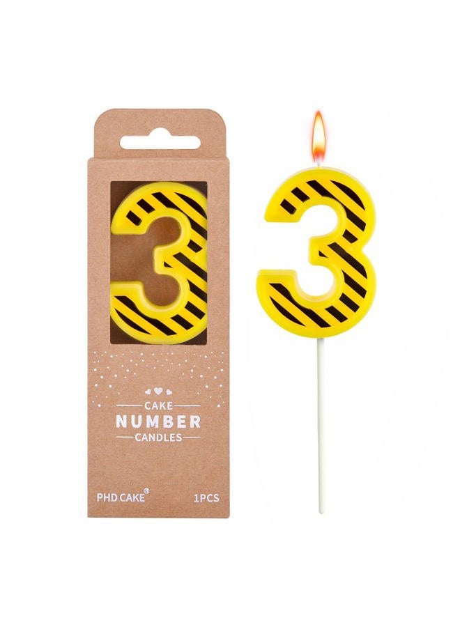 PHD CAKE 2.76 Inch Number 3 Construction Birthday Candles, Yellow and White Stripes Number Candles, Cake Number Candles, Party Celebration, Style Candle - Image 1