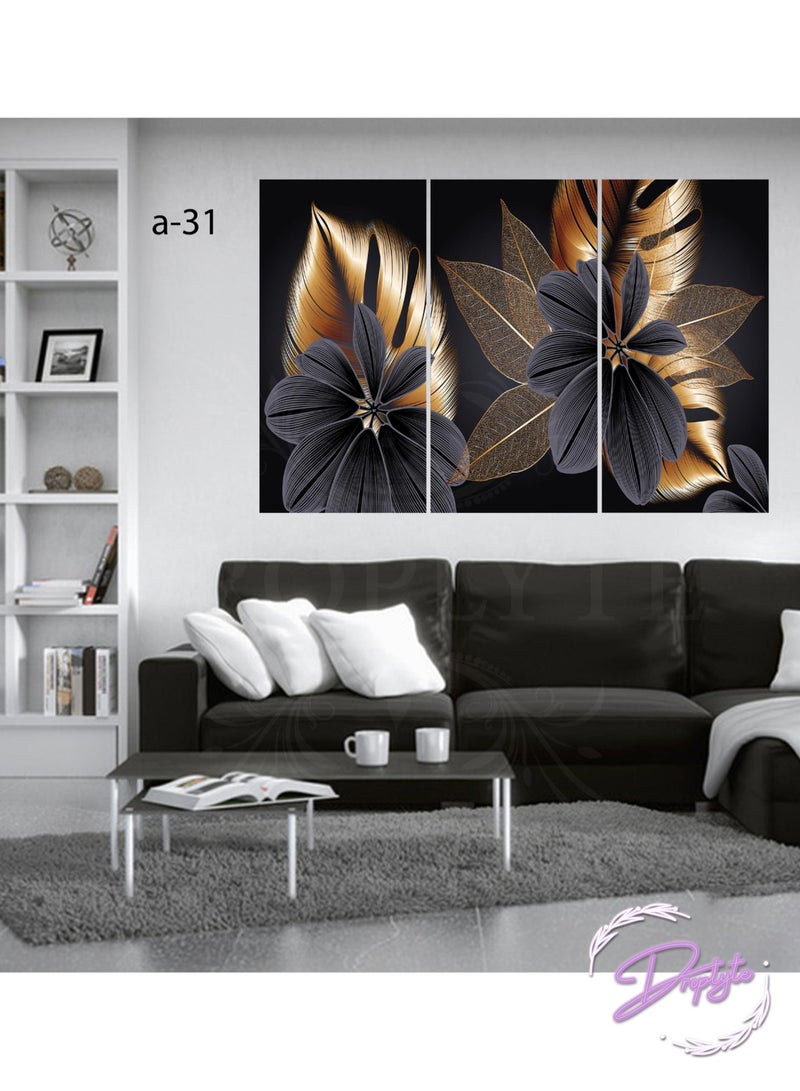Droplyte 3 Piece Golden Abstract Flowers Decorative Wall Art Wall Decor Card Board MDF Home Decor for Living Room, Drawing Room, Office Room and Bedroom 120CM x 80CM  - Image 1