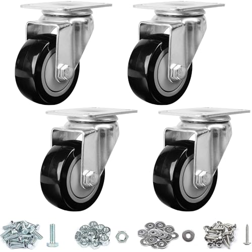 Finnhomy 3 Inch Swivel Casters Wheels Set of 4 Heavy Duty Plate Casters Premium Polyurethane PU Wheels for Furniture/Workbench Load Bearing 2,200 Lbs Anti-wear Smooth Casters Black (Free Screws) - Image 1