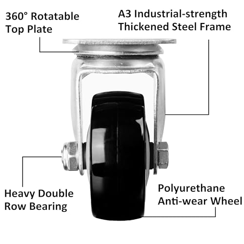 Finnhomy 3 Inch Swivel Casters Wheels Set of 4 Heavy Duty Plate Casters Premium Polyurethane PU Wheels for Furniture/Workbench Load Bearing 2,200 Lbs Anti-wear Smooth Casters Black (Free Screws) - Image 2