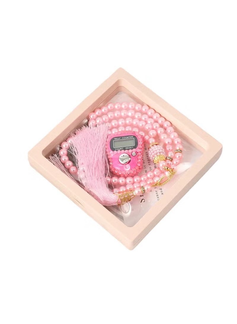 Huitich Digital Elegance 99 Glass Bead Tasbeeh Gift Set with Digital Counter Pink  - Image 1