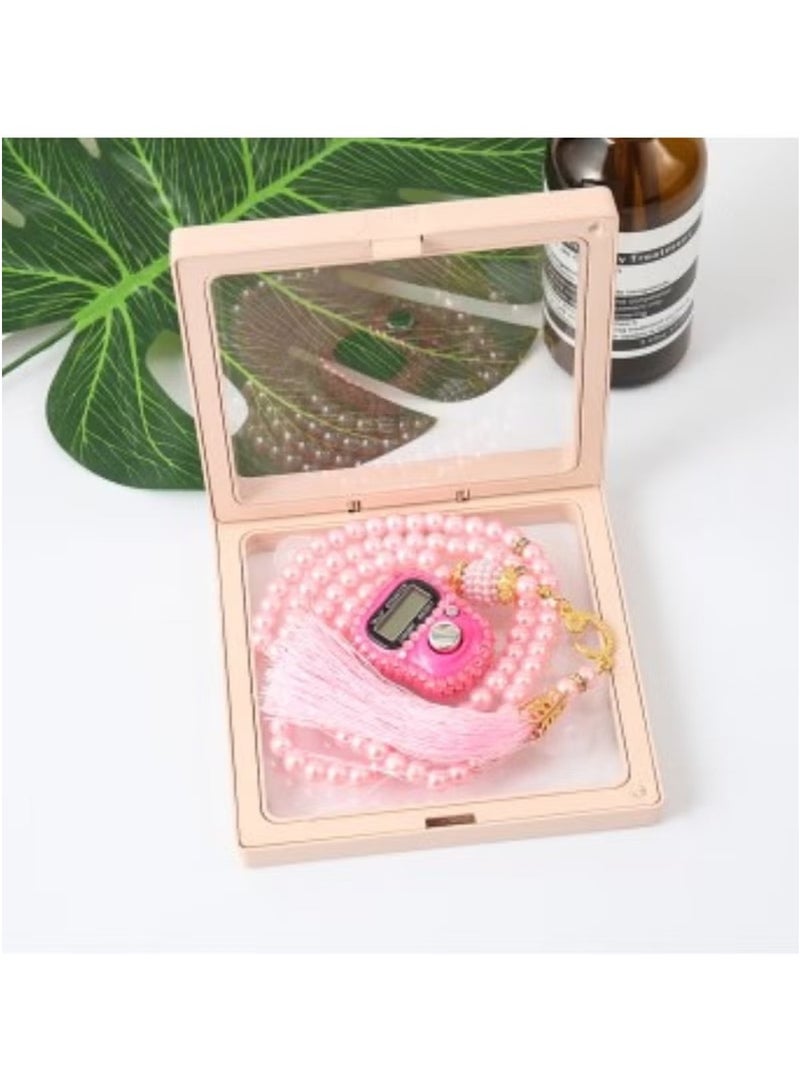 Huitich Digital Elegance 99 Glass Bead Tasbeeh Gift Set with Digital Counter Pink  - Image 2