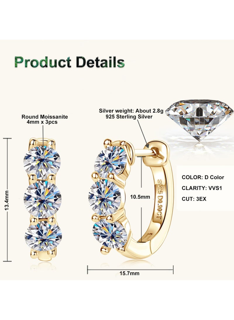 Moissanite Hoop Earrings 1.2cttw D Color VVS1 Clarity 925 Sterling Silver 3 Stone Huggies Earring for Women and Men Birthday Wedding Jewelry Gifts - Image 3