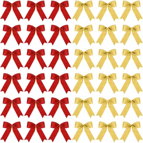 Sumind 36 Pieces Red Gold Christmas Tree Glitter Bows 5 x 4 Inch Tie Ribbon Twist Tie Bows for Treat Bags Gift Wrapping Basket Wedding Birthday Valentine Christmas Tree Wreath Garland Decoration - Image 1