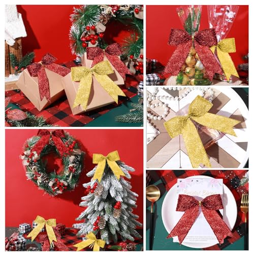 Sumind 36 Pieces Red Gold Christmas Tree Glitter Bows 5 x 4 Inch Tie Ribbon Twist Tie Bows for Treat Bags Gift Wrapping Basket Wedding Birthday Valentine Christmas Tree Wreath Garland Decoration - Image 3