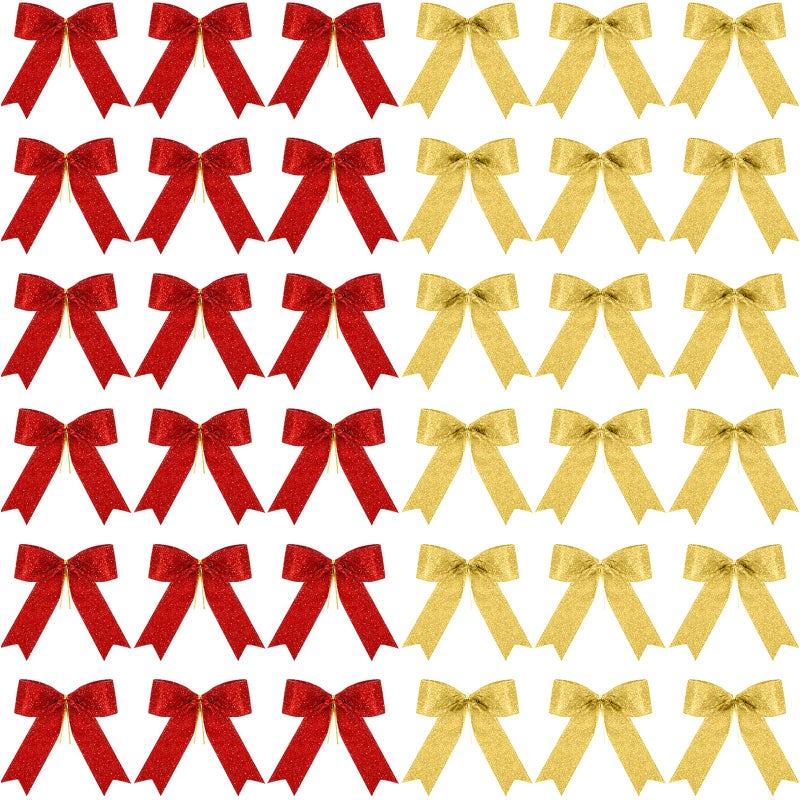 Sumind 36 Pieces Red Gold Christmas Tree Glitter Bows 5 x 4 Inch Tie Ribbon Twist Tie Bows for Treat Bags Gift Wrapping Basket Wedding Birthday Valentine Christmas Tree Wreath Garland Decoration - Image 2
