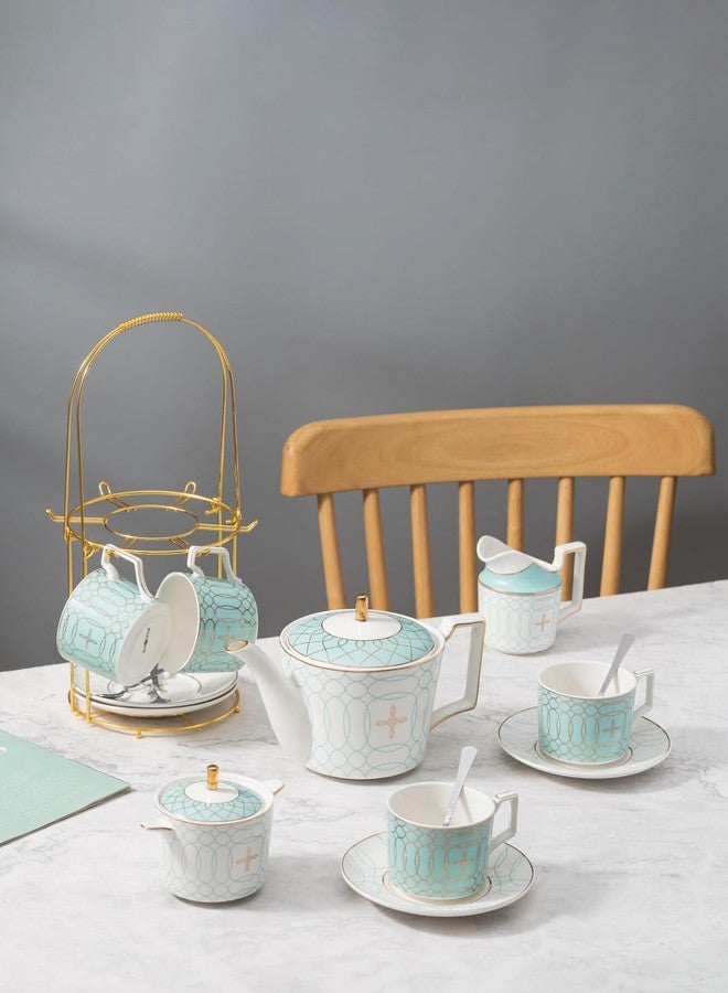 Jusalpha Fine China Blue Coffee Cup/Teacup Set, 8 OZ Cups& Saucer Service for 4, with Teapot-Sugar Bowl-Cream Pitcher Teaspoons and tea strainer for Tea/Coffee, 17-Pieces (Blue) - Image 2