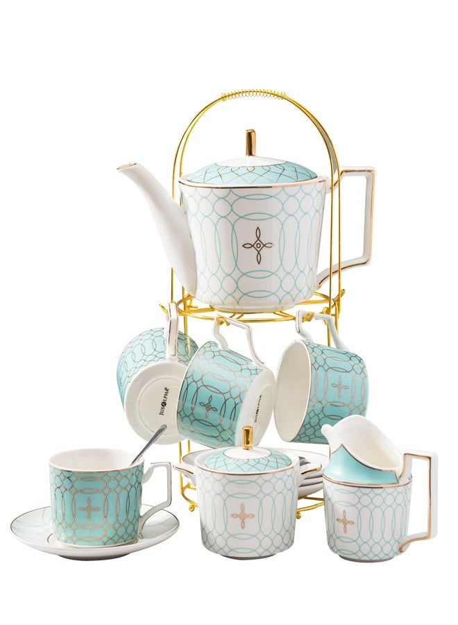 Jusalpha Fine China Blue Coffee Cup/Teacup Set, 8 OZ Cups& Saucer Service for 4, with Teapot-Sugar Bowl-Cream Pitcher Teaspoons and tea strainer for Tea/Coffee, 17-Pieces (Blue) - Image 1