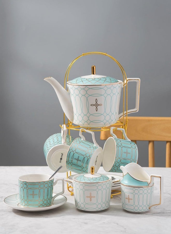 Jusalpha Fine China Blue Coffee Cup/Teacup Set, 8 OZ Cups& Saucer Service for 4, with Teapot-Sugar Bowl-Cream Pitcher Teaspoons and tea strainer for Tea/Coffee, 17-Pieces (Blue) - Image 4
