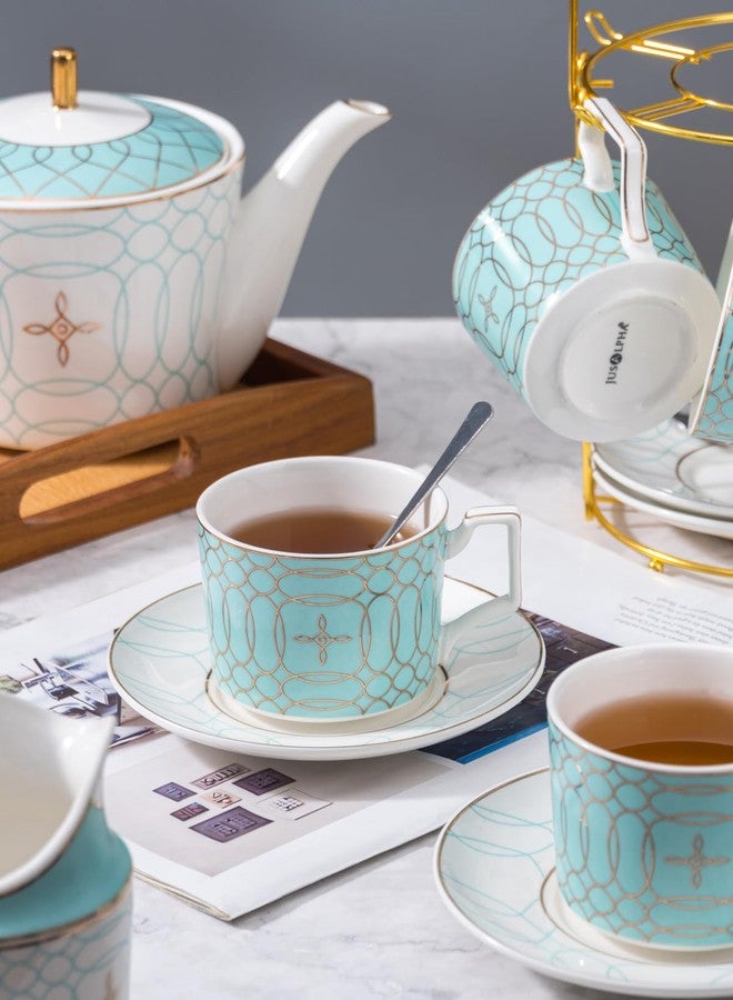 Jusalpha Fine China Blue Coffee Cup/Teacup Set, 8 OZ Cups& Saucer Service for 4, with Teapot-Sugar Bowl-Cream Pitcher Teaspoons and tea strainer for Tea/Coffee, 17-Pieces (Blue) - Image 3