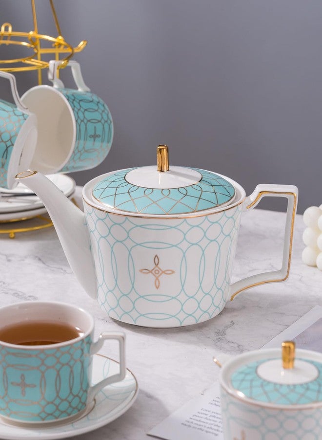 Jusalpha Fine China Blue Coffee Cup/Teacup Set, 8 OZ Cups& Saucer Service for 4, with Teapot-Sugar Bowl-Cream Pitcher Teaspoons and tea strainer for Tea/Coffee, 17-Pieces (Blue) - Image 5