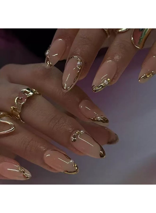 جوسكوين أظافر صناعية 24 قطعة، تصميم ماسي مرصع باللؤلؤ ثلاثي الأبعاد، أظافر متوسطة الطول على شكل لوزة، مناسبة للمبتدئين؛ قابلة لإعادة الاستخدام. أظافر أكريليك صناعية مع مجموعة لاصقة. - Image 1