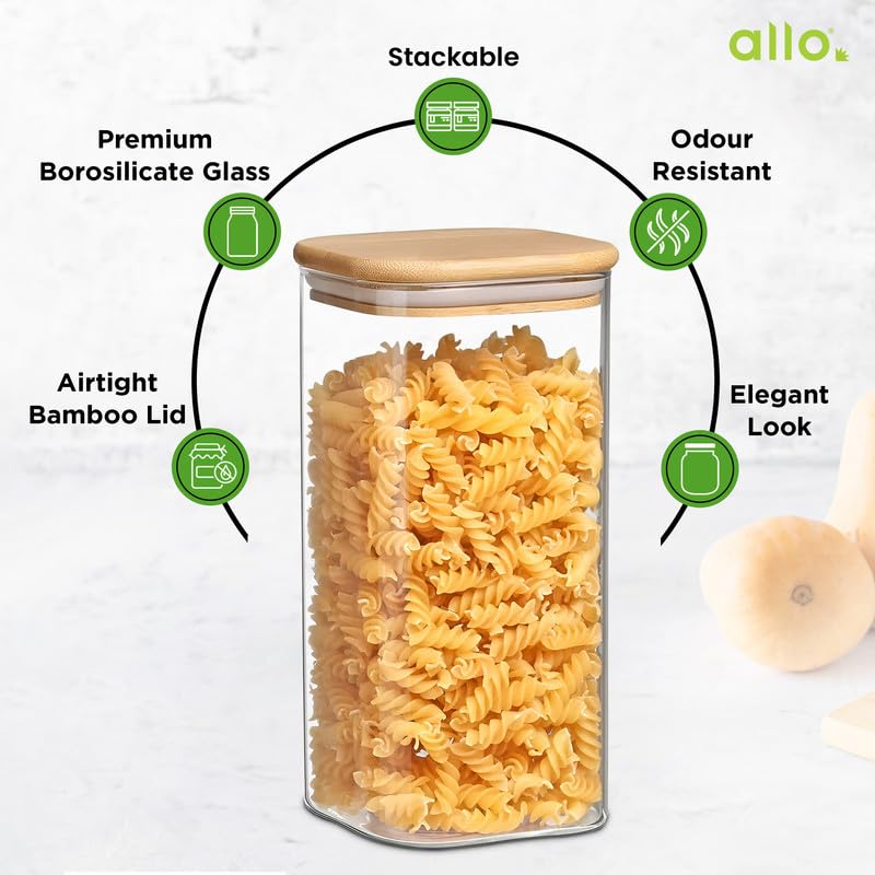 Allo 600ML Kitchen Storage Box Glass Jars With Wooden Lids - Borosilicate Glass Food Storage Containers Airtight Glass Jar For Tea, Coffee, Spice, Pulses, Masala (Square Glass Jar - Set of 4) - Image 4