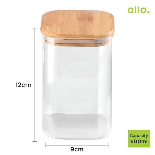 Allo 600ML Kitchen Storage Box Glass Jars With Wooden Lids - Borosilicate Glass Food Storage Containers Airtight Glass Jar For Tea, Coffee, Spice, Pulses, Masala (Square Glass Jar - Set of 4) - Image 3