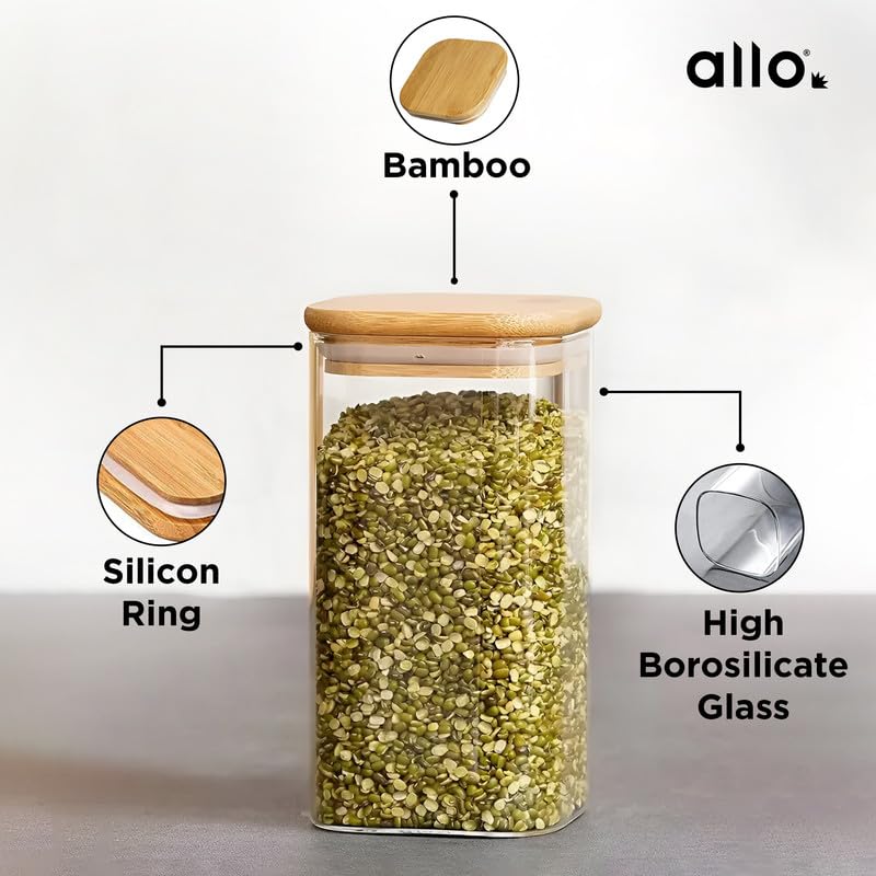 Allo 600ML Kitchen Storage Box Glass Jars With Wooden Lids - Borosilicate Glass Food Storage Containers Airtight Glass Jar For Tea, Coffee, Spice, Pulses, Masala (Square Glass Jar - Set of 4) - Image 2