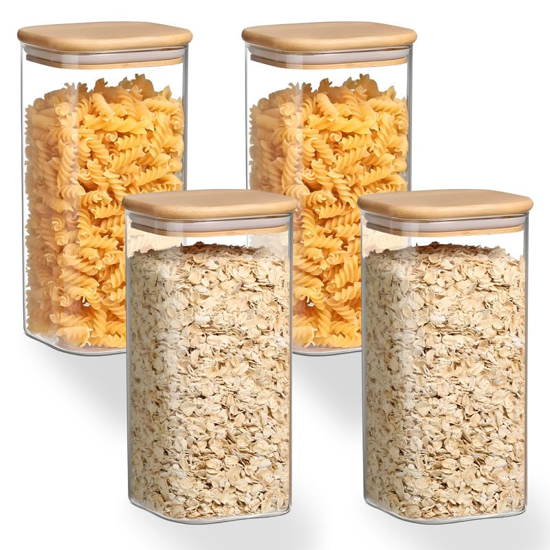 Allo 600ML Kitchen Storage Box Glass Jars With Wooden Lids - Borosilicate Glass Food Storage Containers Airtight Glass Jar For Tea, Coffee, Spice, Pulses, Masala (Square Glass Jar - Set of 4) - Image 1