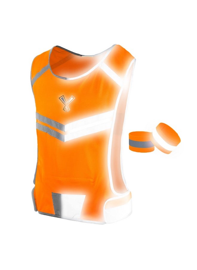 247 Viz Viz Reflective Vest With Inside Pocket & 2 High Visibility Running Safety Bands Neon Orange Medium  - Image 2
